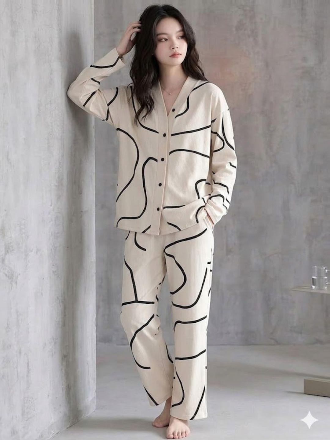 11034-Women Black Abstract Printed Shirt Collar Night Suit Set