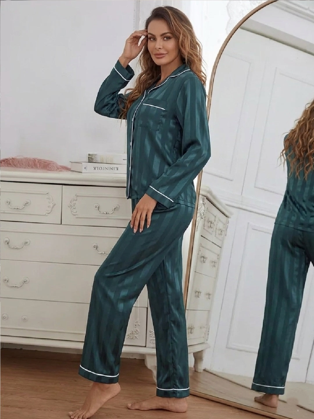 11013-Women Red Satin Finish Shirt & Pyjama Night Suit Set