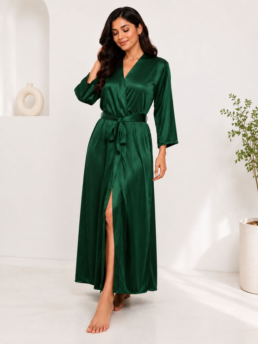 11006- Maroon Glamorous Satin Nightwear Robe – Soft & Silky Feel
