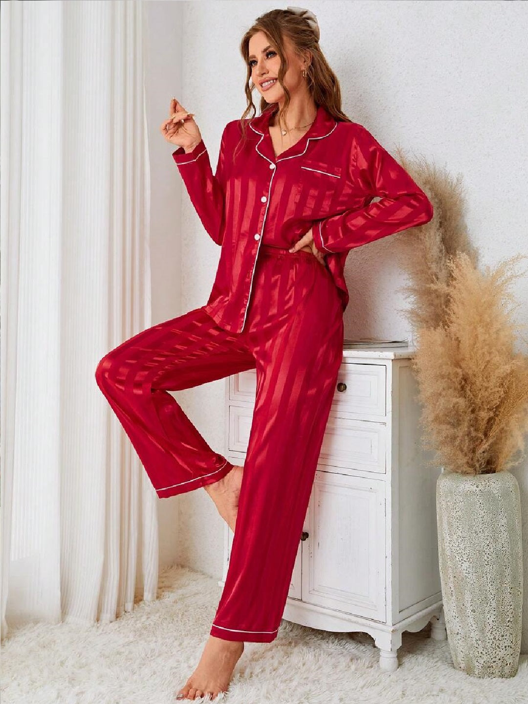 11013-Women Satin Finish Shirt & Pyjama Night Suit Set