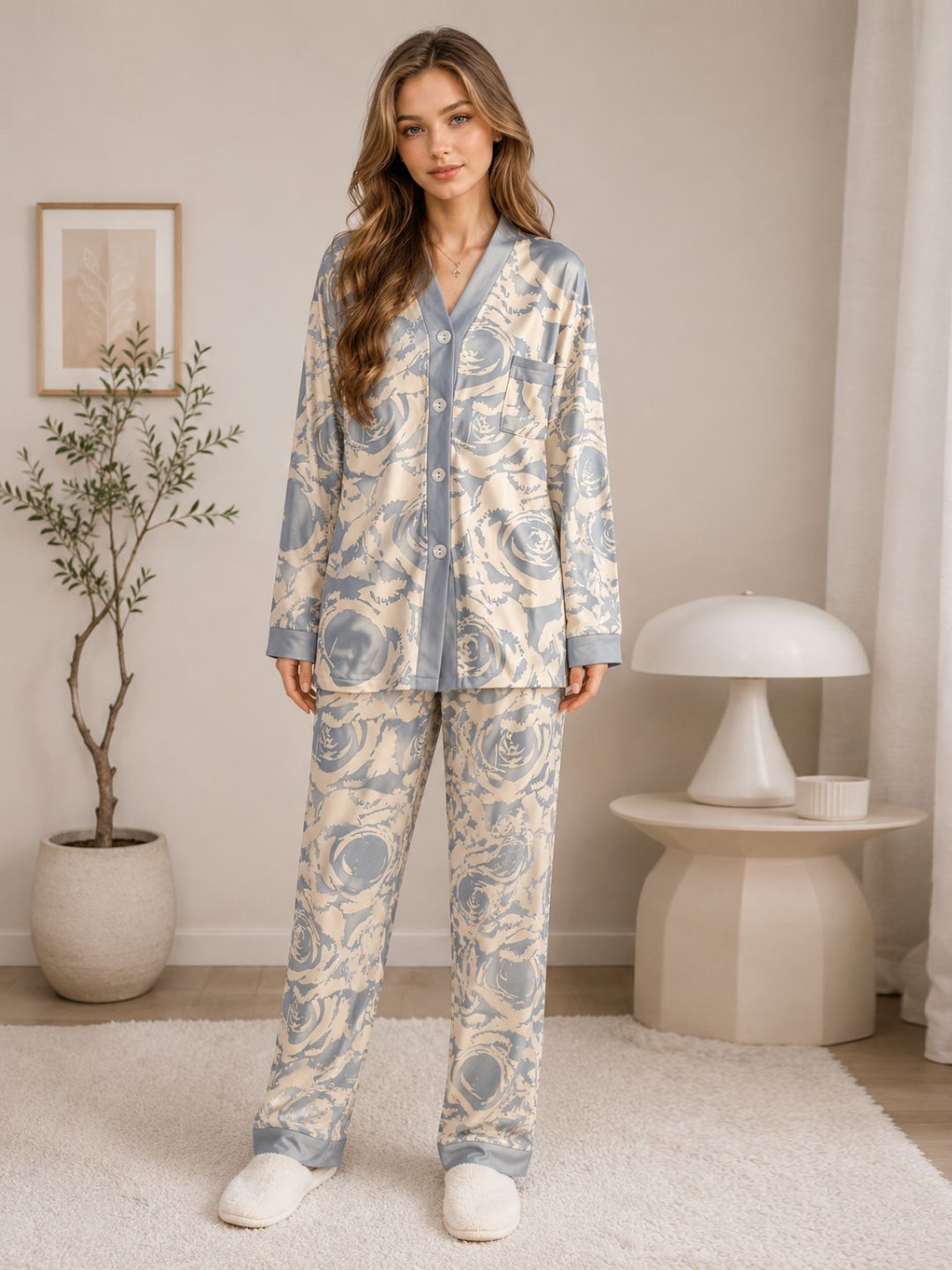 11052- Women Printed Satin Night Suit Set