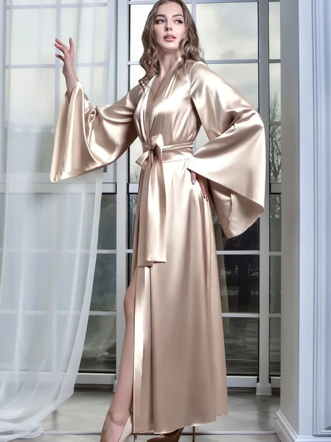 11006- Maroon Glamorous Satin Nightwear Robe – Soft & Silky Feel