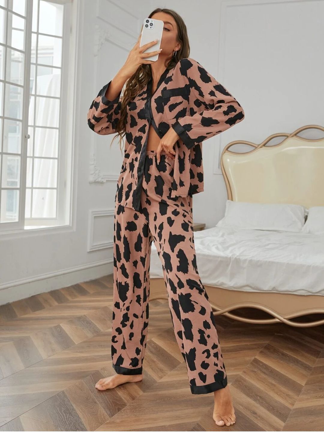 11026 - Women Cream & Black Animal Print Button-Down Night Suit