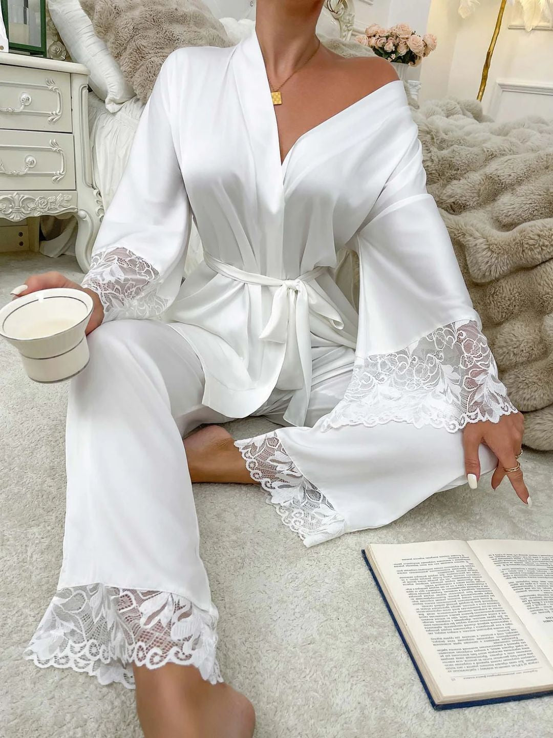 11002-Maroon Satin Nightwear Set with Lace Trim | Luxury Sleepwear For Women