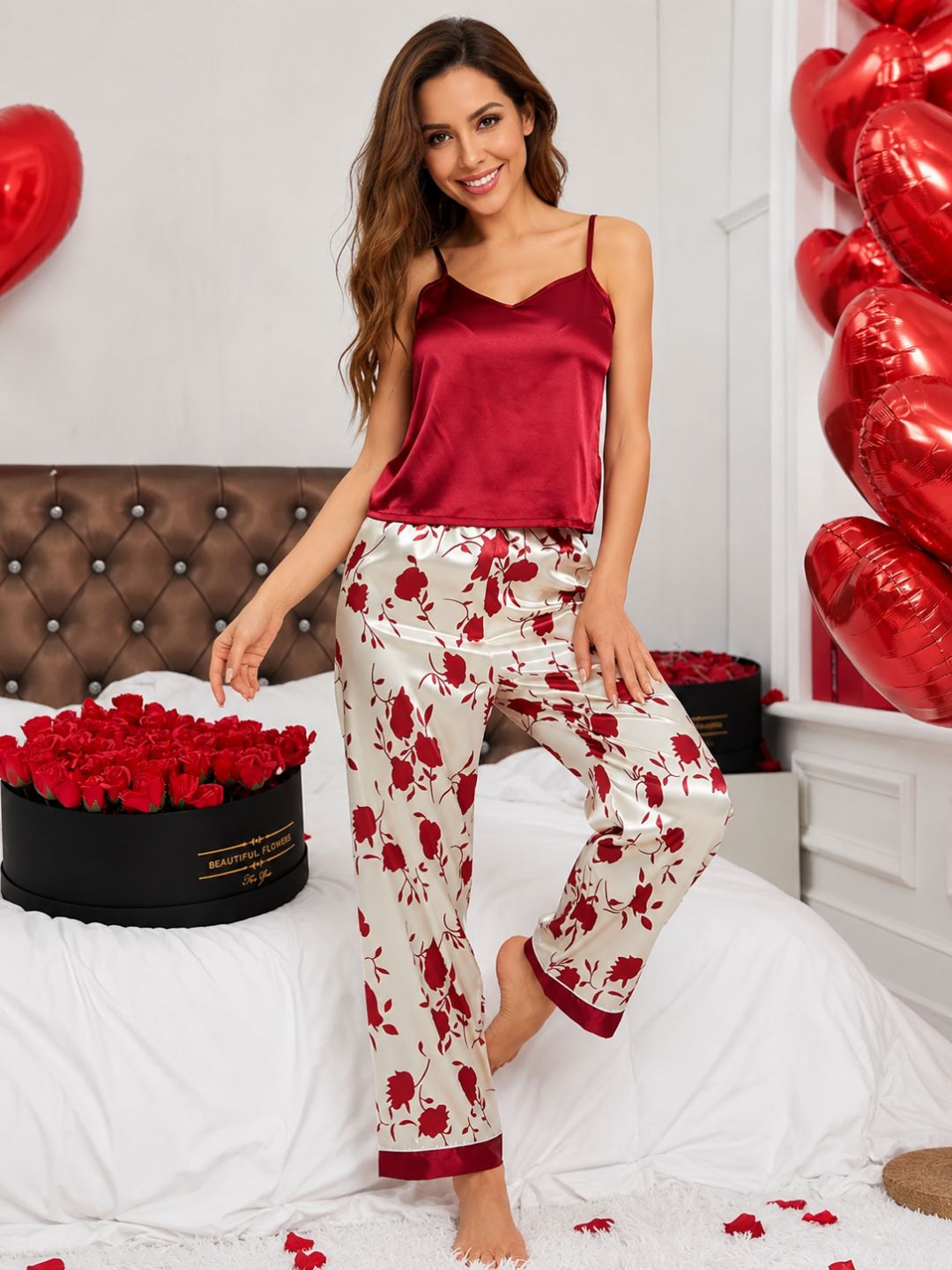 11059- Women Satin Night Suit with Solid Maroon Camisole & Full-Length Pyjama Set