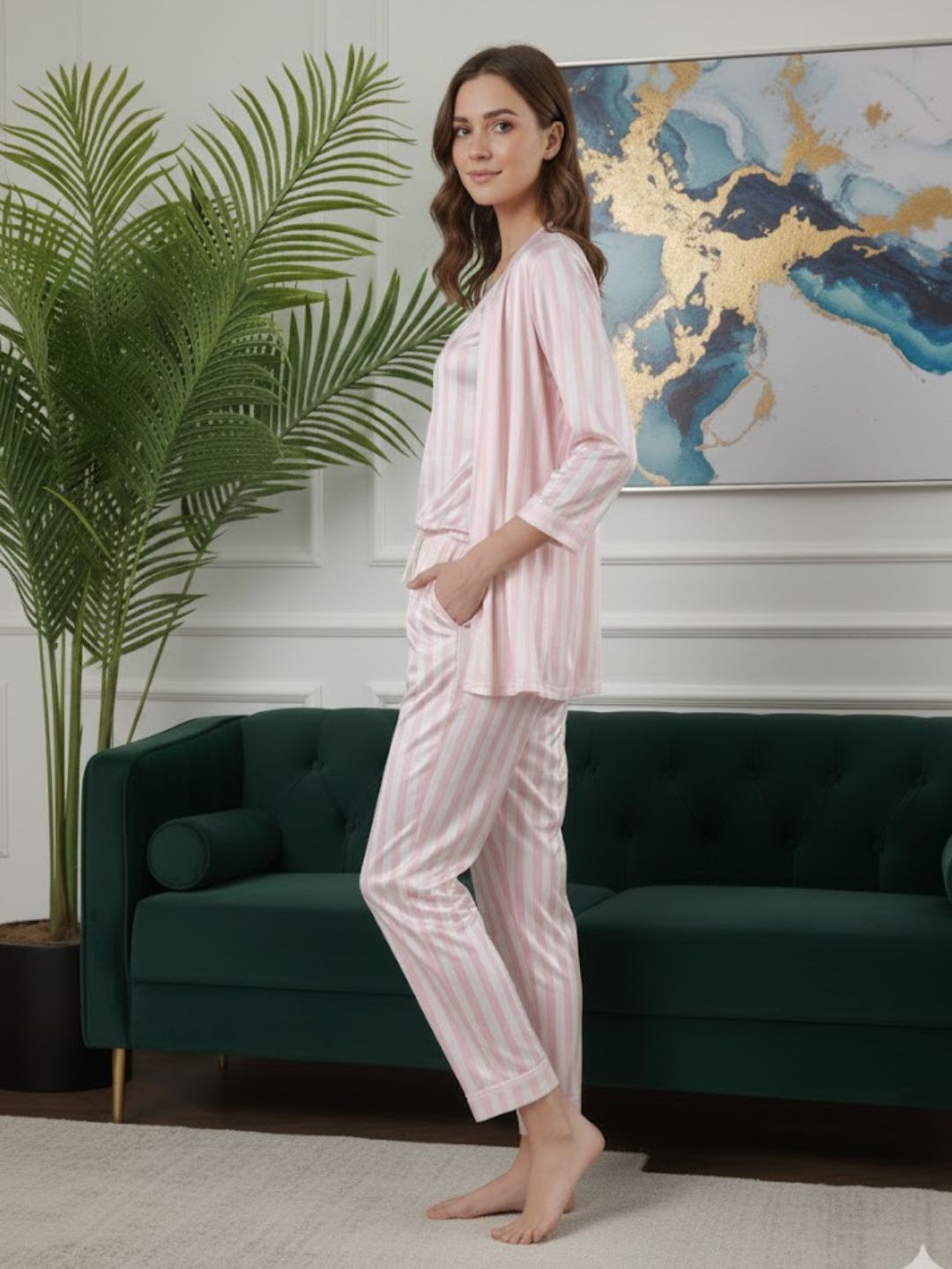 11011-MAROON Women’s Satin 3 Piece Nightwear Set – Striped Camisole, Robe & Pyjama