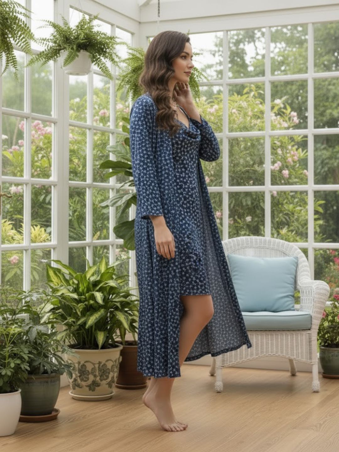 11008-Sky Floral Satin Nightwear Set with Long Robe and Cowl Neck Slip Dress for Women