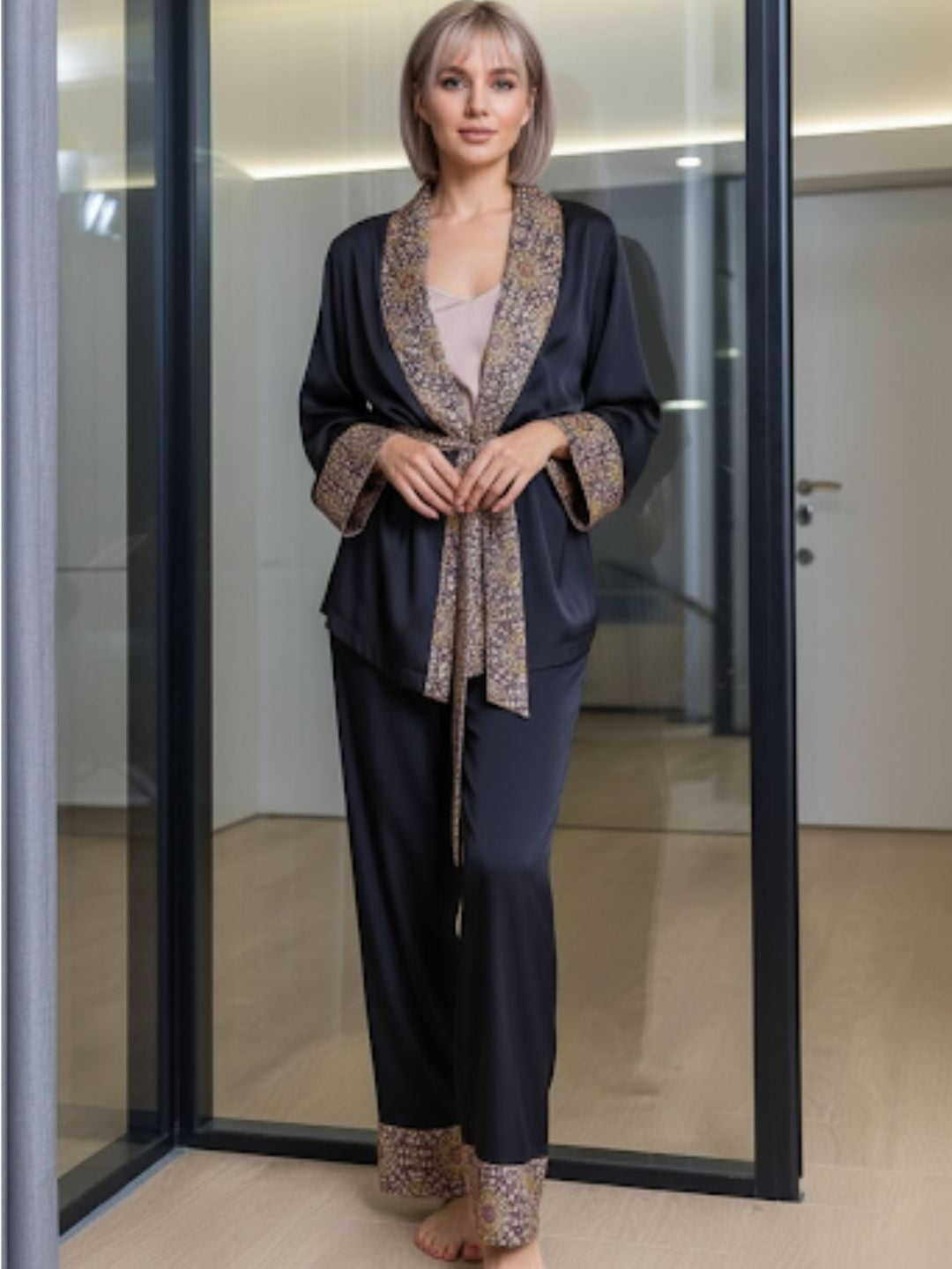 11007-Luxury Black Satin 3-Piece Nightwear Set for Women | Printed Border Robe & Pyjama Set