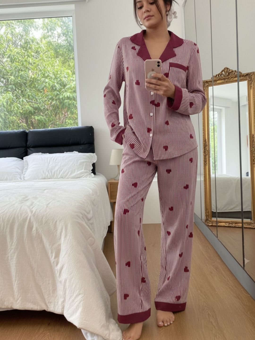 11016-Women Striped Heart Print Comfortable Shirt & Pyjama Nightwear Set