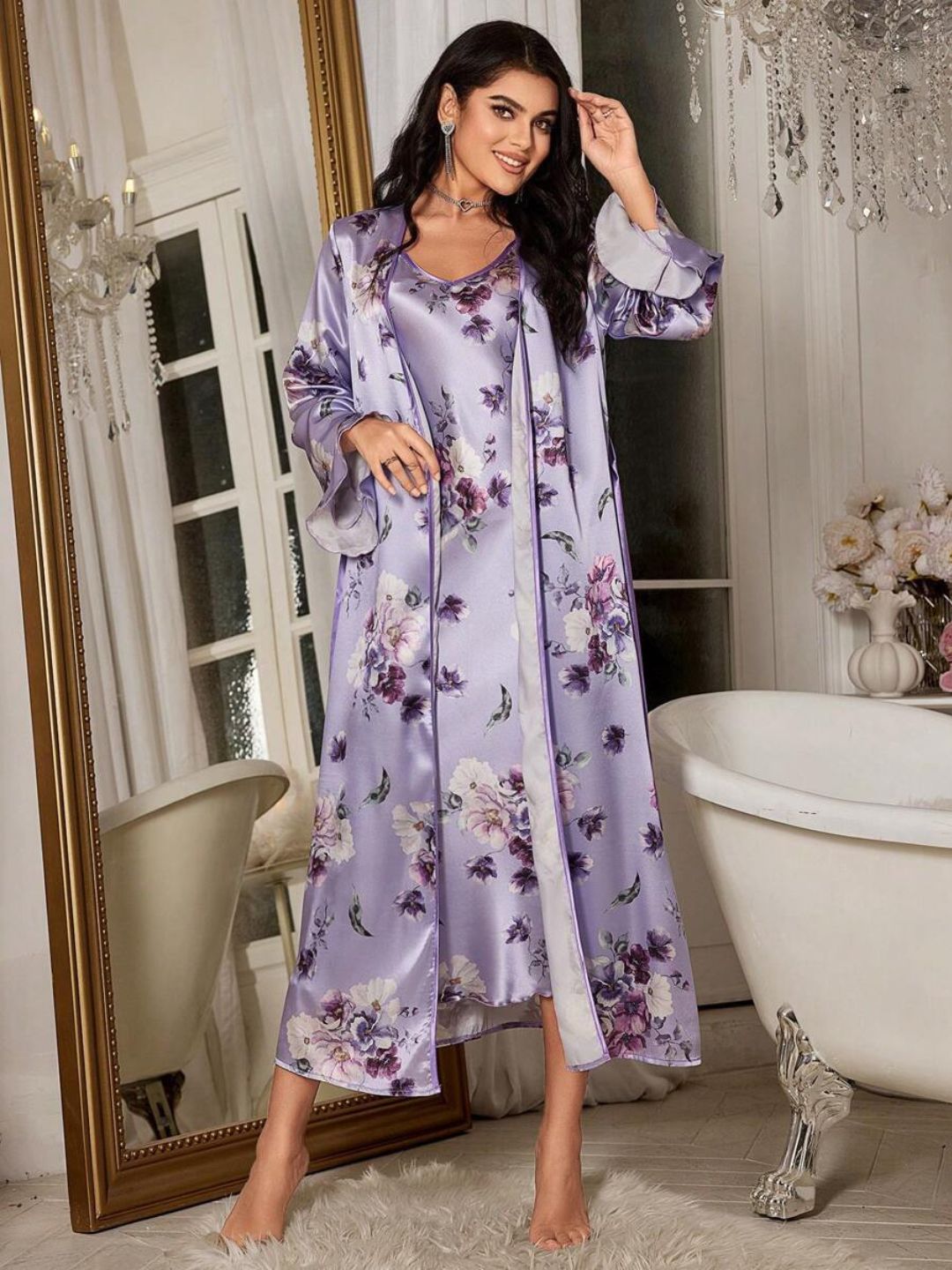 11001-Pink Floral Satin Nightdress with Robe