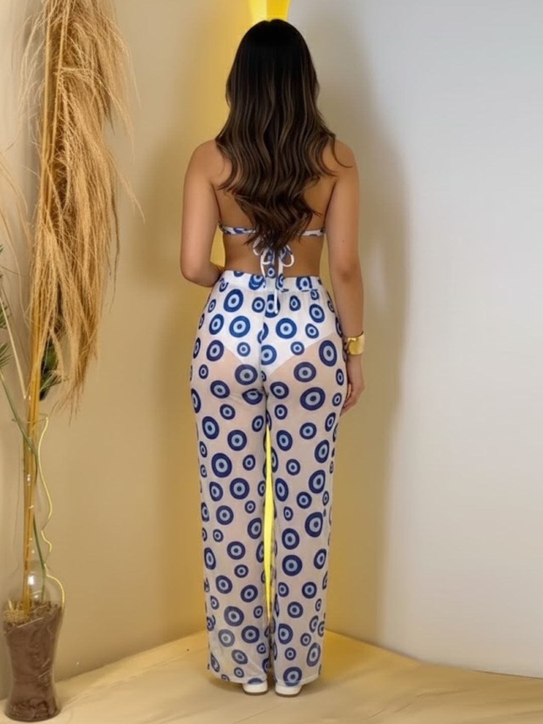 11044-Women Floral Printed Satin Co-Ord Set with Halter Neck Crop Top & Straight Fit Pants