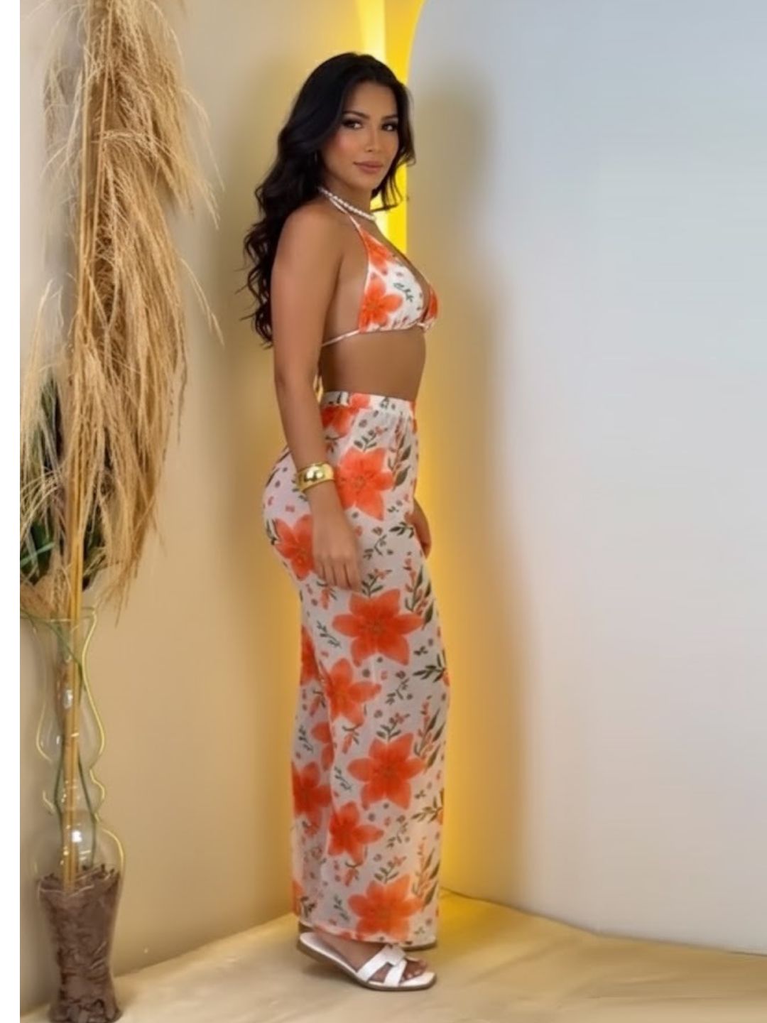 11044-Women Floral Printed Satin Co-Ord Set with Halter Neck Crop Top & Straight Fit Pants