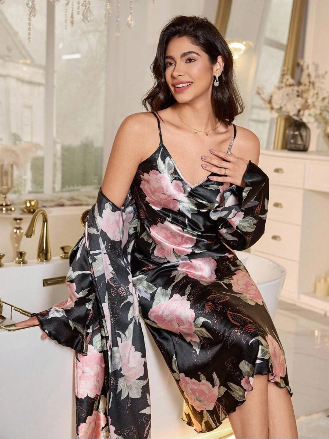 11017-Women’s Floral Satin Nightdress with Matching Robe – Soft Luxury Nightwear Set