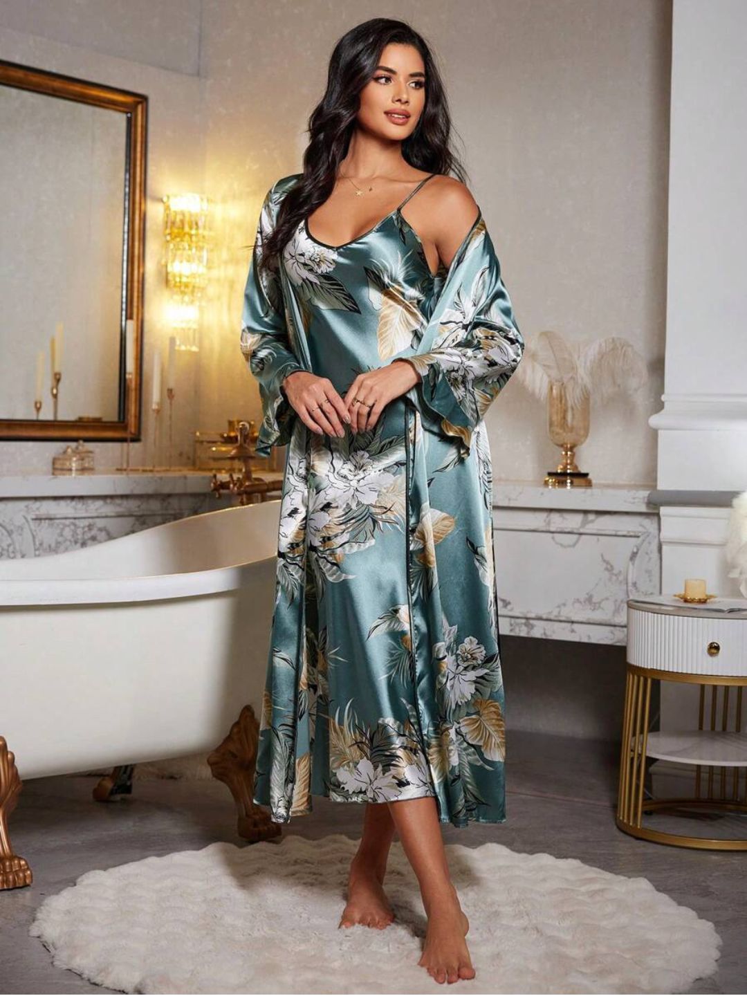 11001-Pink Floral Satin Nightdress with Robe