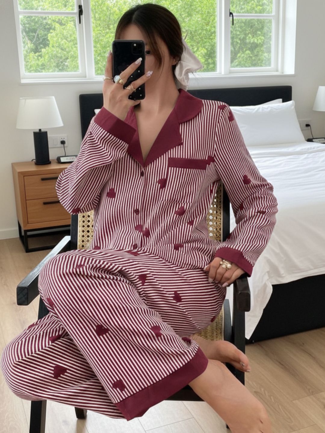 11016-Women Black & White Striped Heart Print Comfortable Shirt & Pyjama Nightwear Set