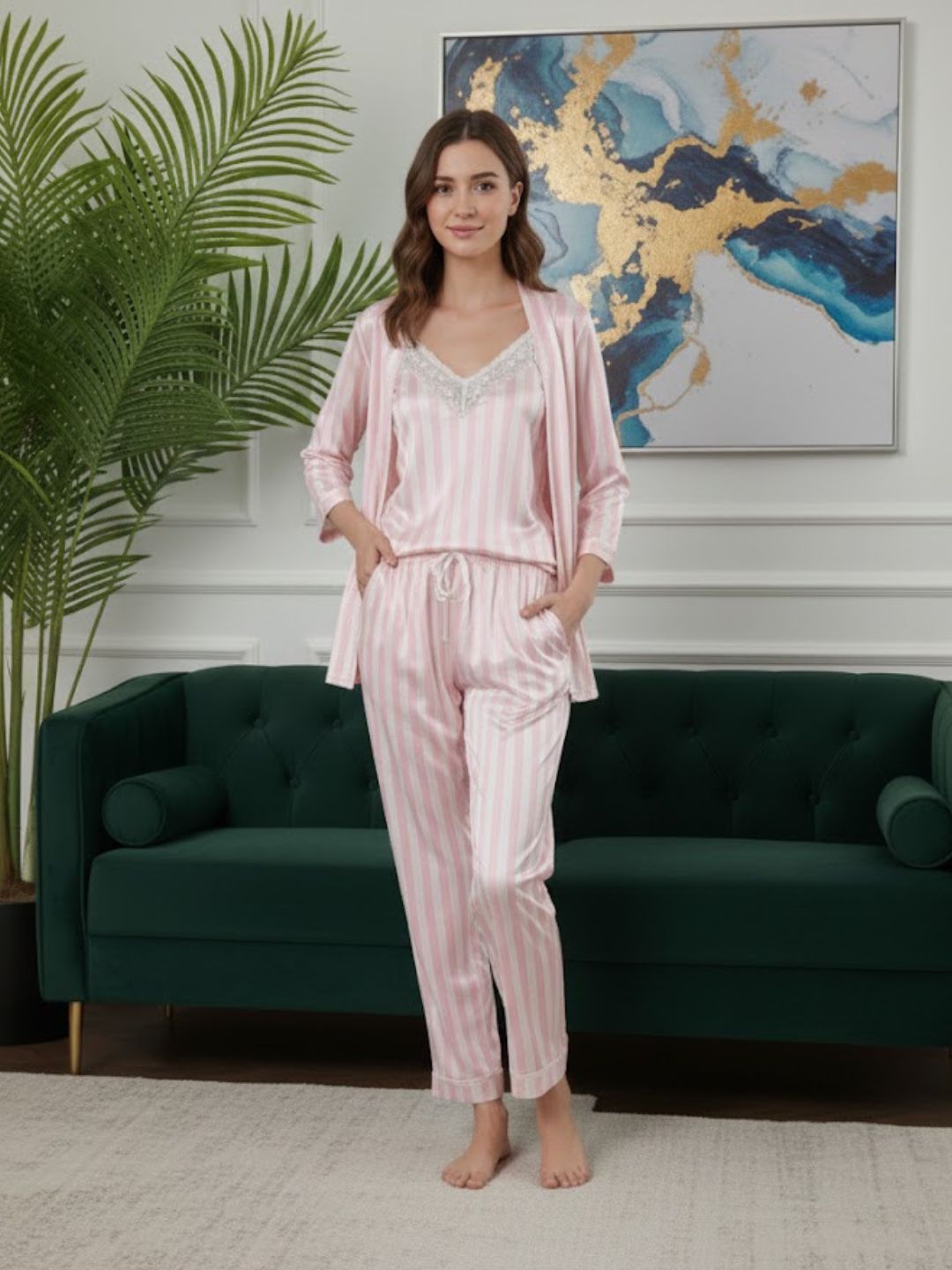 11011-MAROON Women’s Satin 3 Piece Nightwear Set – Striped Camisole, Robe & Pyjama