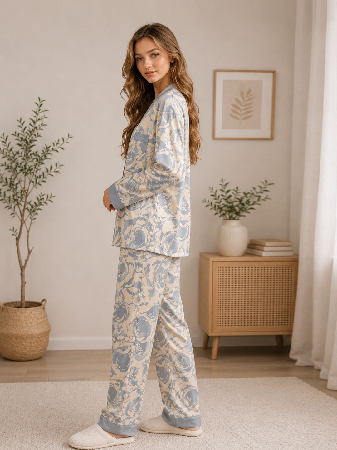11052- Women Printed Satin Night Suit Set