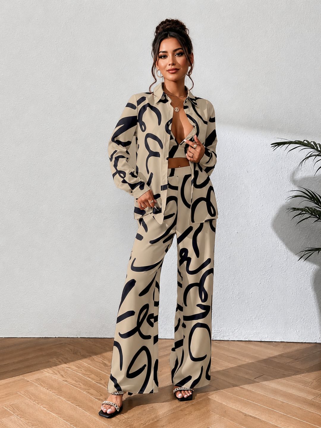 11053-Women Beige & Black Abstract Printed Three-Piece Co-Ord Set