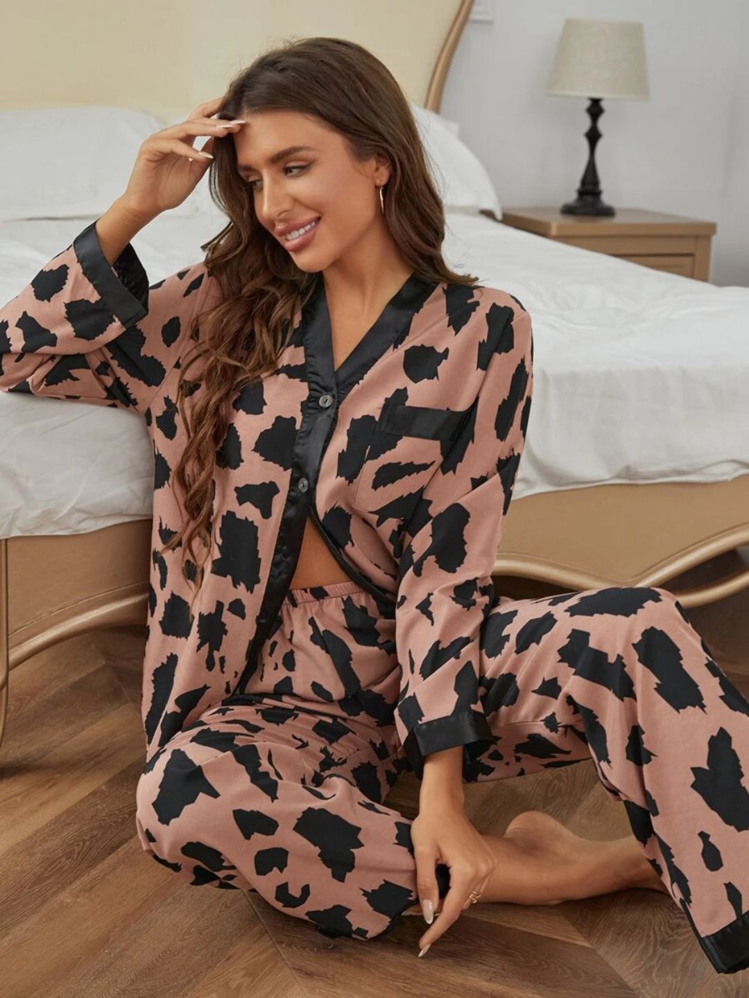 11026 - Women Cream & Black Animal Print Button-Down Night Suit