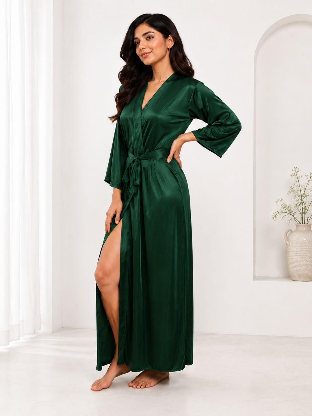 11006- Maroon Glamorous Satin Nightwear Robe – Soft & Silky Feel