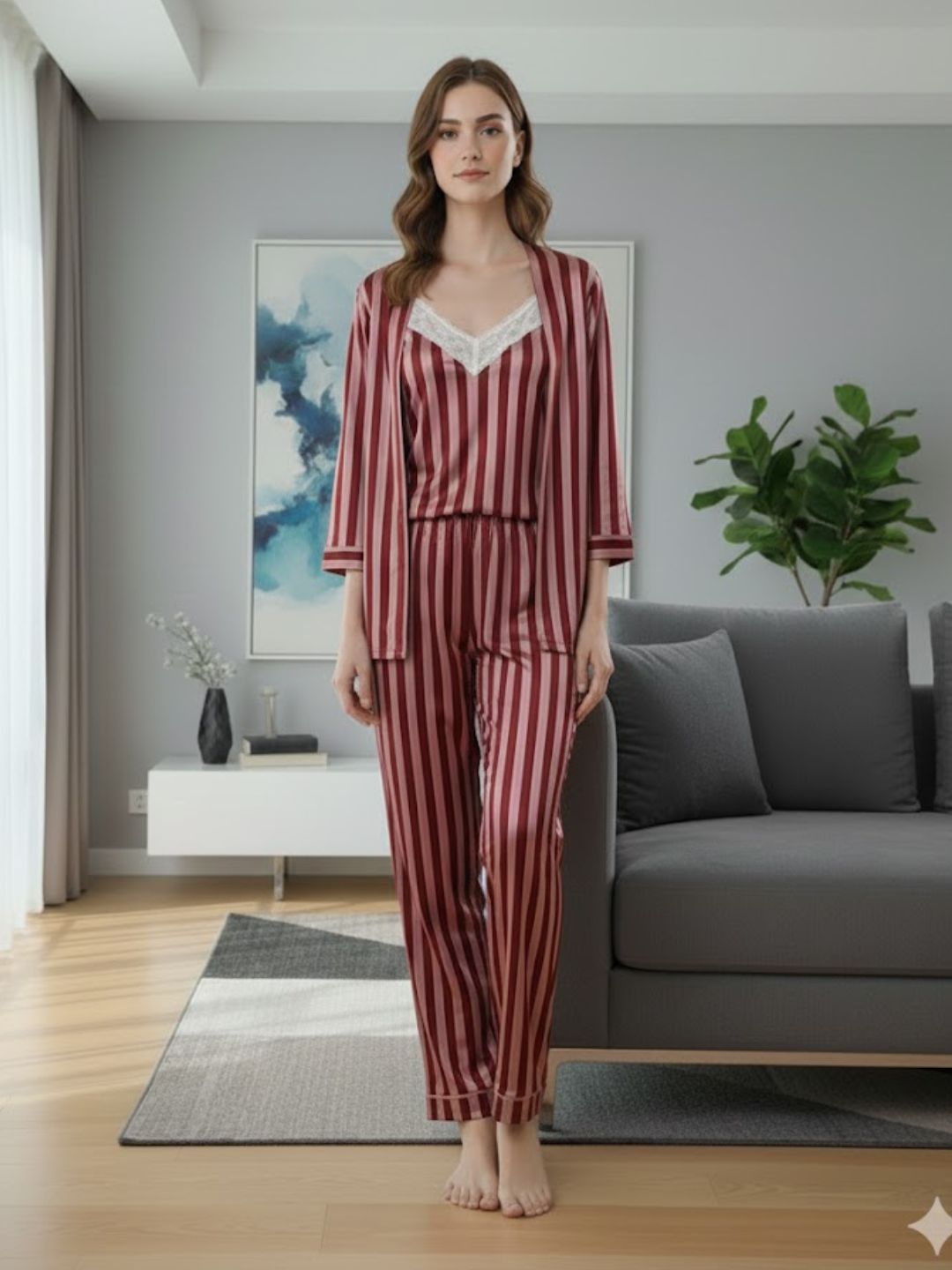 11011-PINK Women’s Satin 3 Piece Nightwear Set – Striped Camisole, Robe & Pyjama