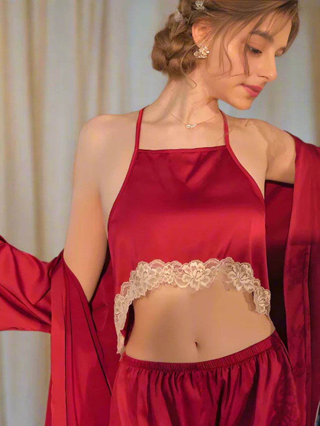 301 DN   3-Piece Satin Nightwear Set with Lace Trim – Robe, Cami & Shorts