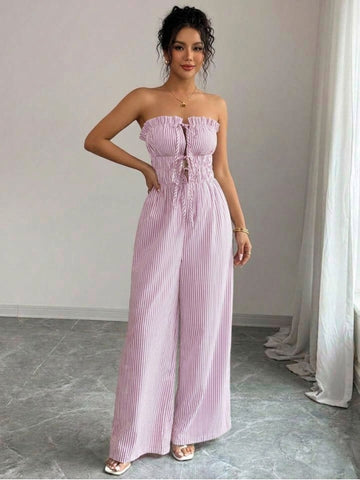 11038 - Women pink & White Striped Cotton Night Suit