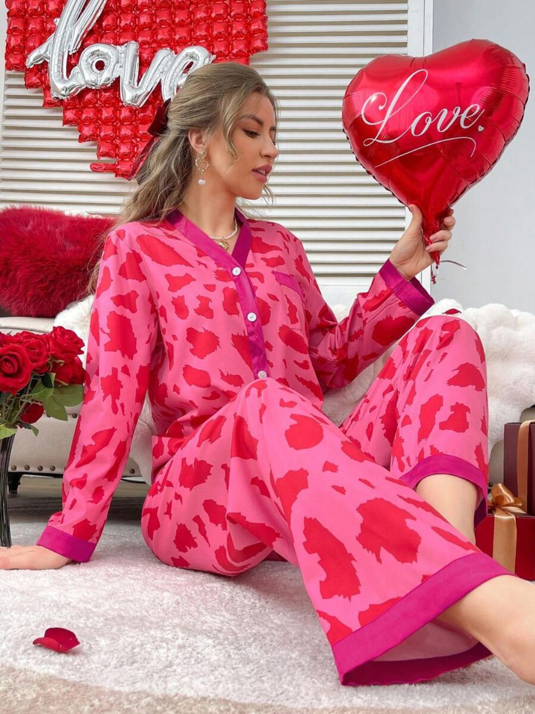 11026 - Women Cream & Black Animal Print Button-Down Night Suit