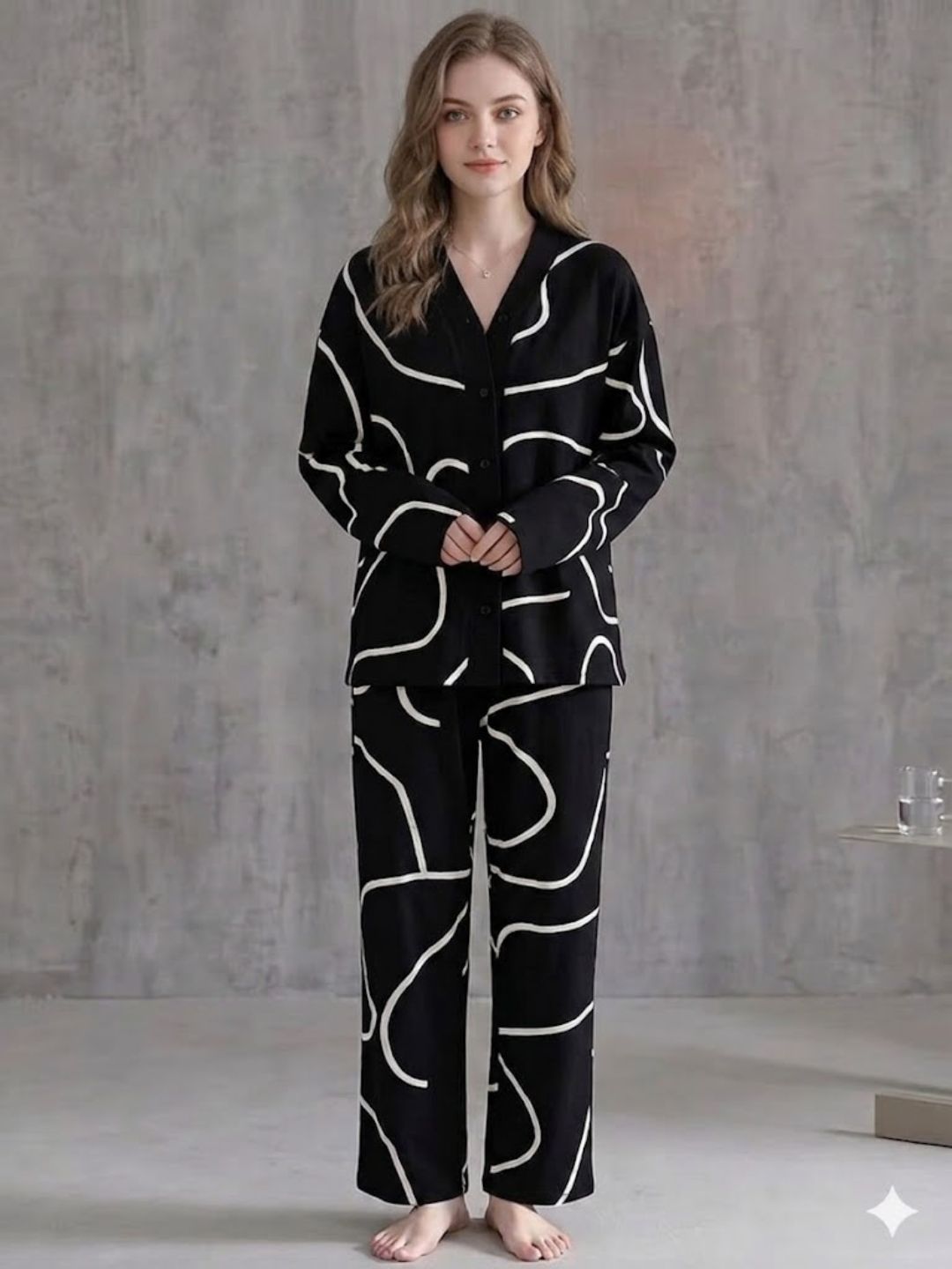 11034-Women Black Abstract Printed Shirt Collar Night Suit Set
