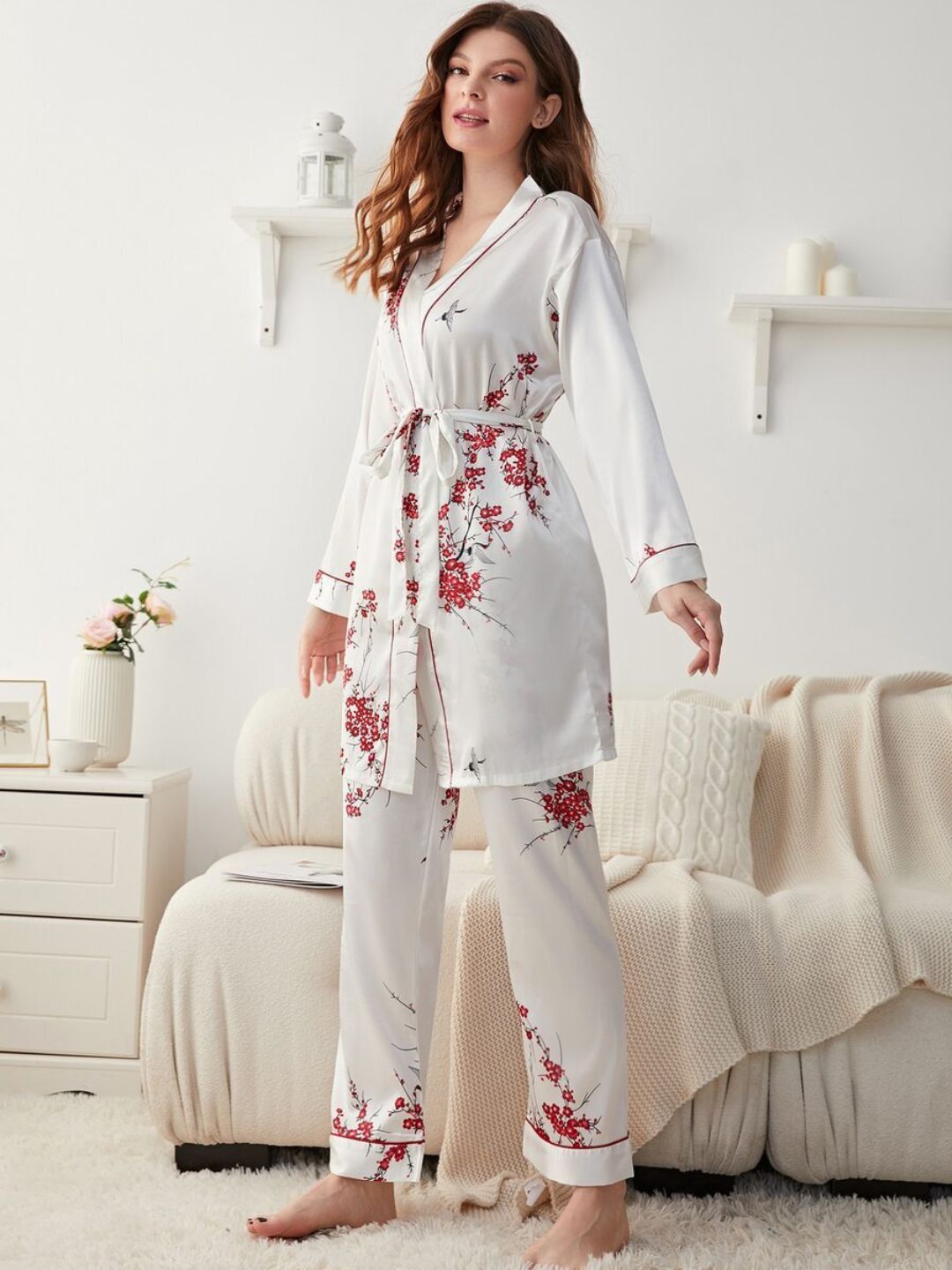 11010-Premium Women’s Satin Night Suit – Designer Printed Robe & Pyjama Set