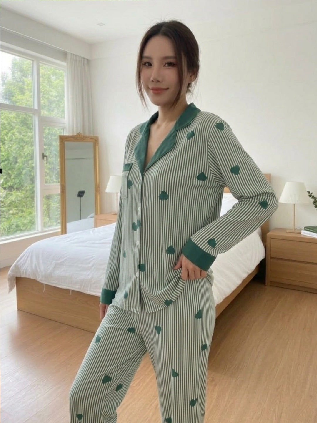 11016-Women Striped Heart Print Comfortable Shirt & Pyjama Nightwear Set