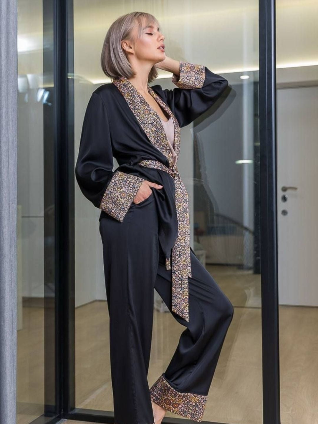 11007-Luxury Black Satin 3-Piece Nightwear Set for Women | Printed Border Robe & Pyjama Set