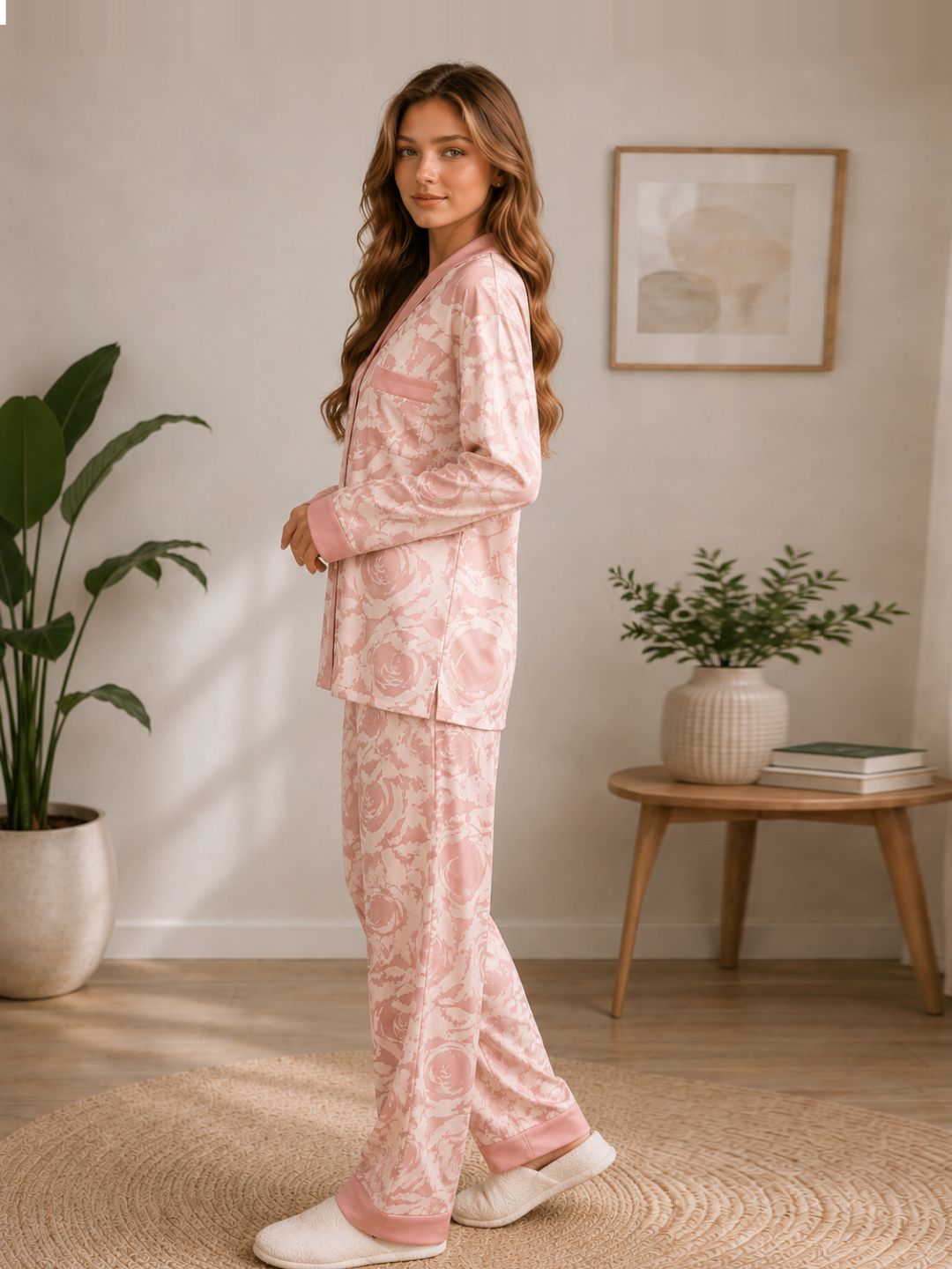11052- Women Printed Satin Night Suit Set