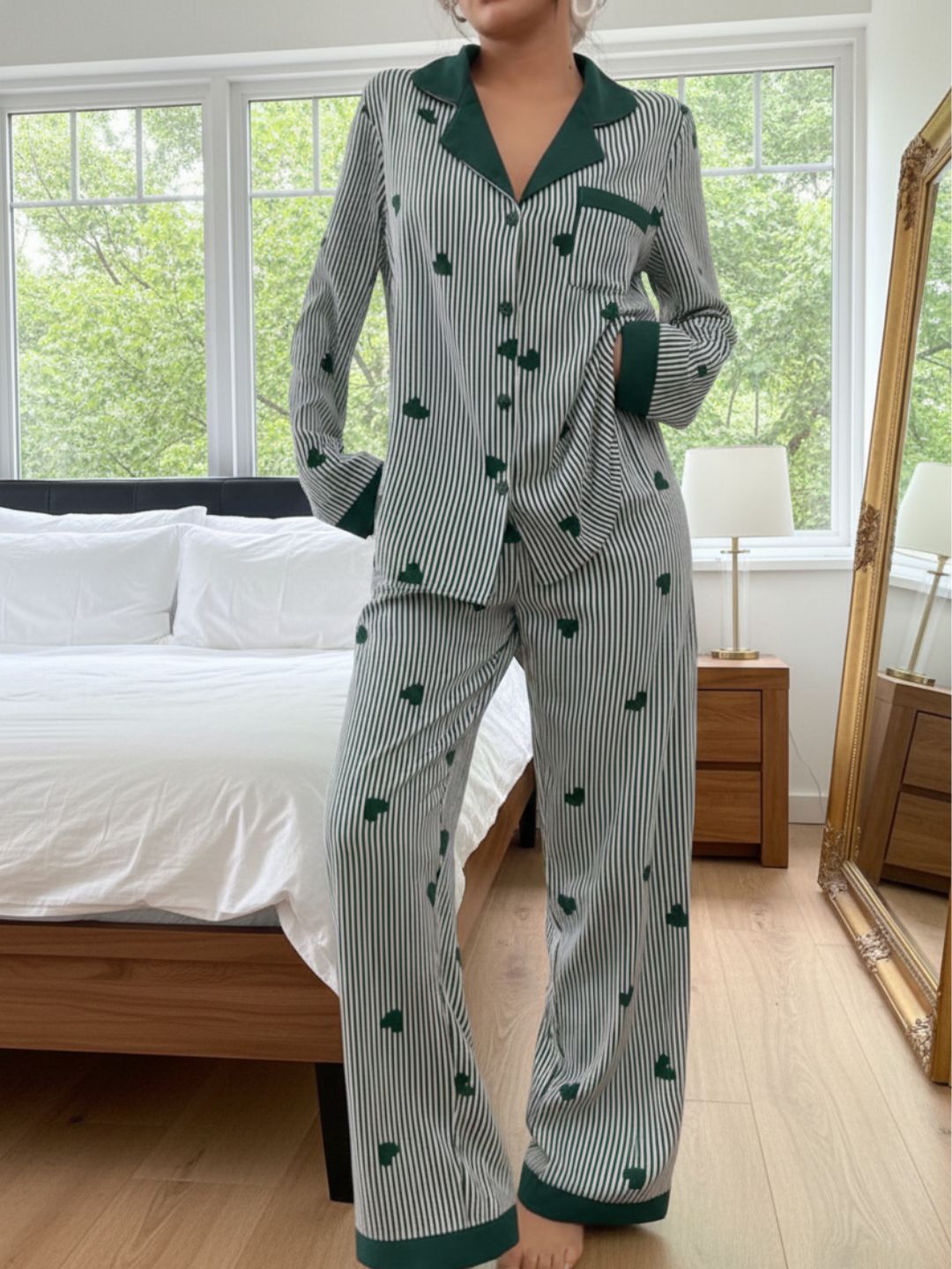 11016-Women Black & White Striped Heart Print Comfortable Shirt & Pyjama Nightwear Set