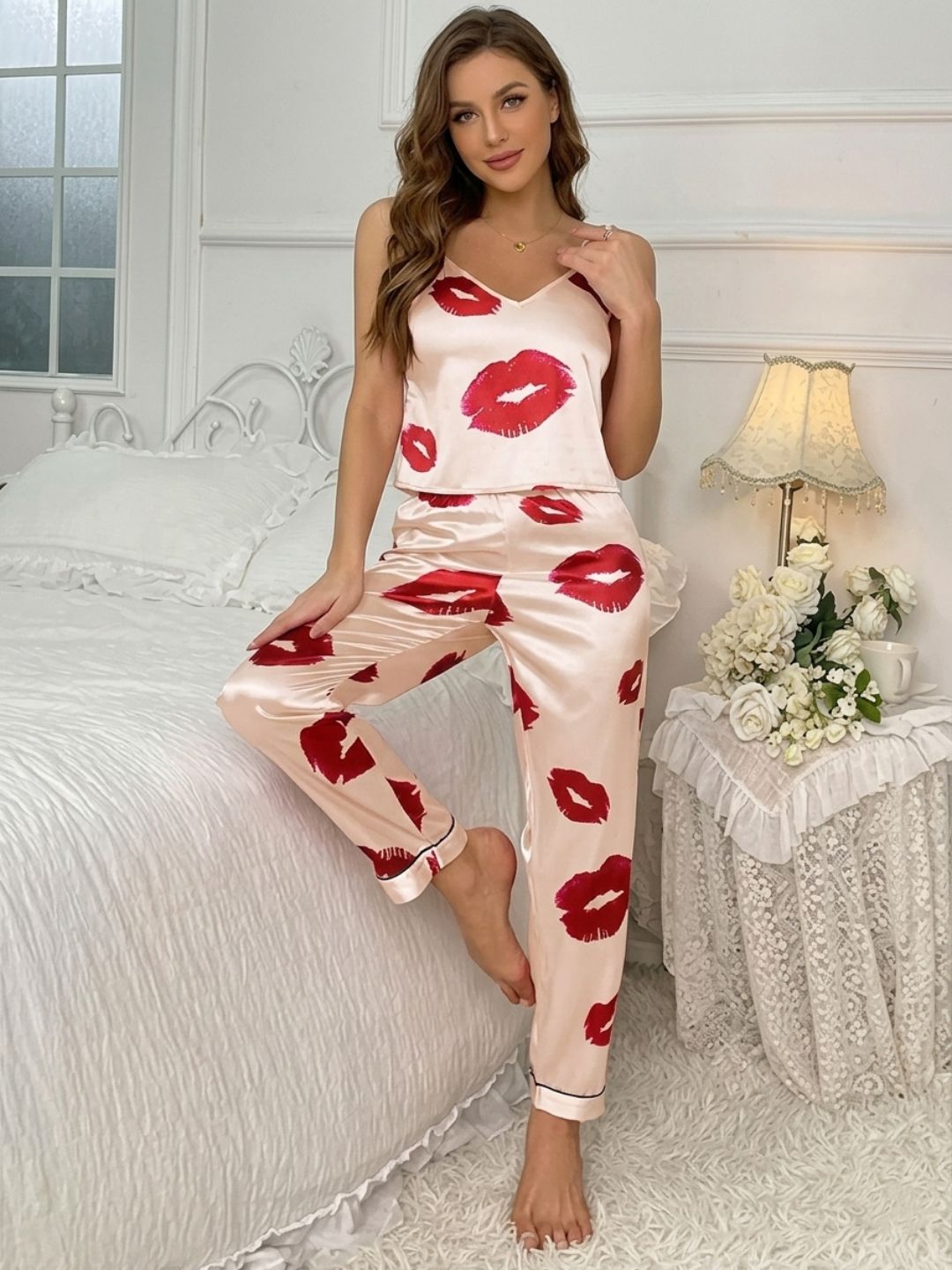 11056- Women Beige Satin Lip Print Camisole Night Suit Set