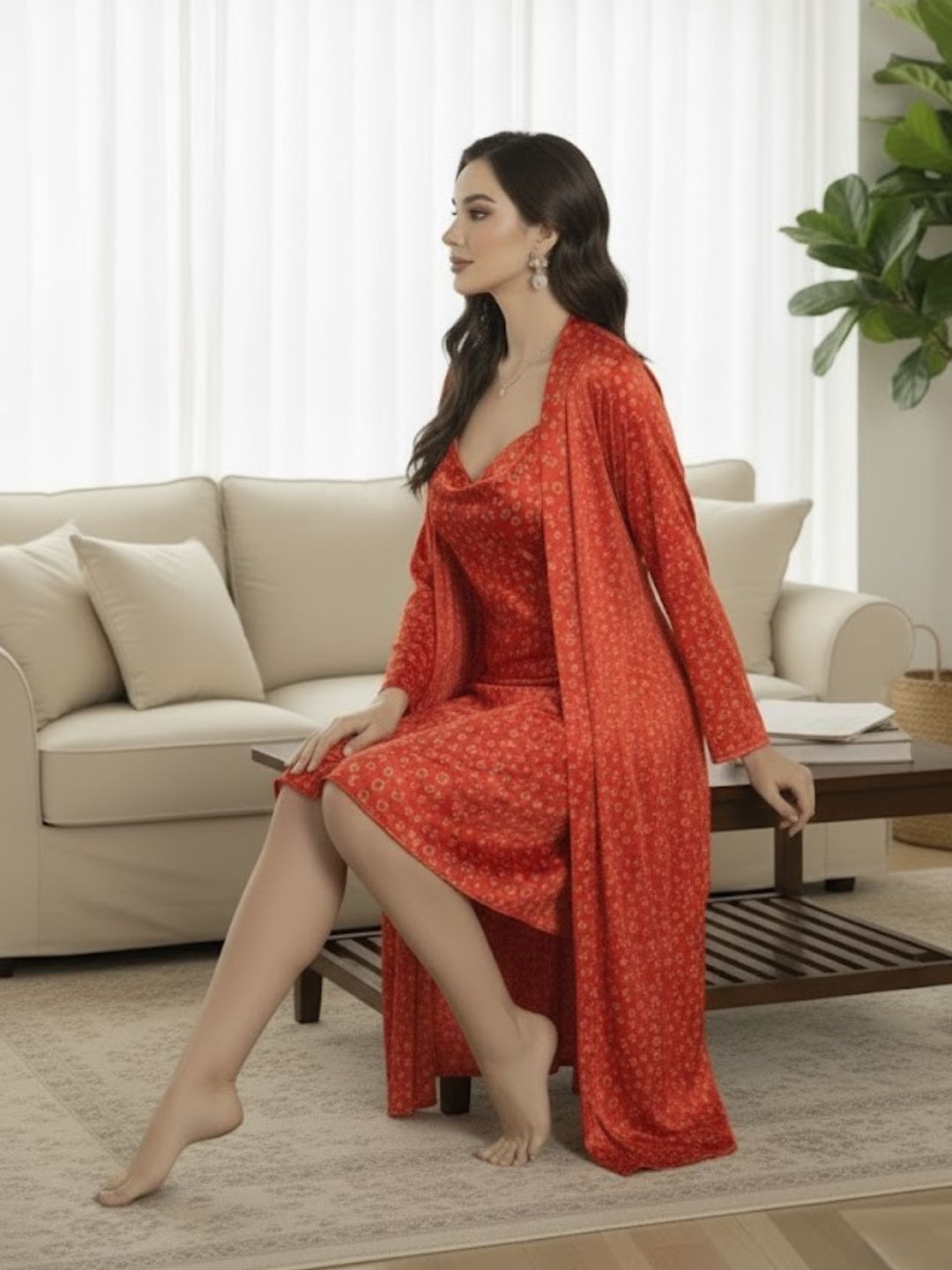 11008-Sky Floral Satin Nightwear Set with Long Robe and Cowl Neck Slip Dress for Women