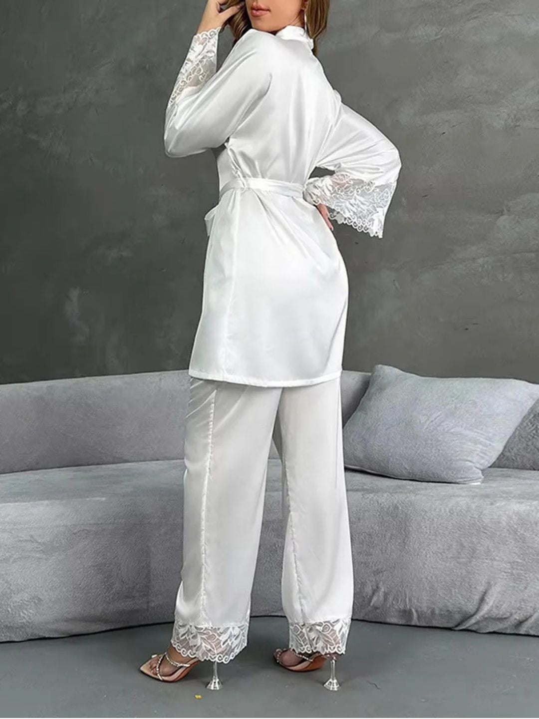 11002-Maroon Satin Nightwear Set with Lace Trim | Luxury Sleepwear For Women