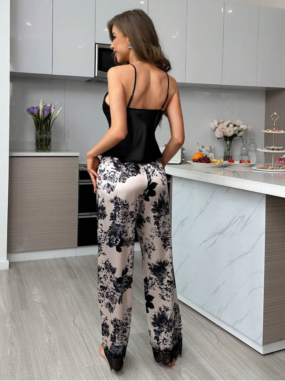 11025-Women Pink & White Satin Lace Detail Camisole & Floral Print Lounge Pyjama Set