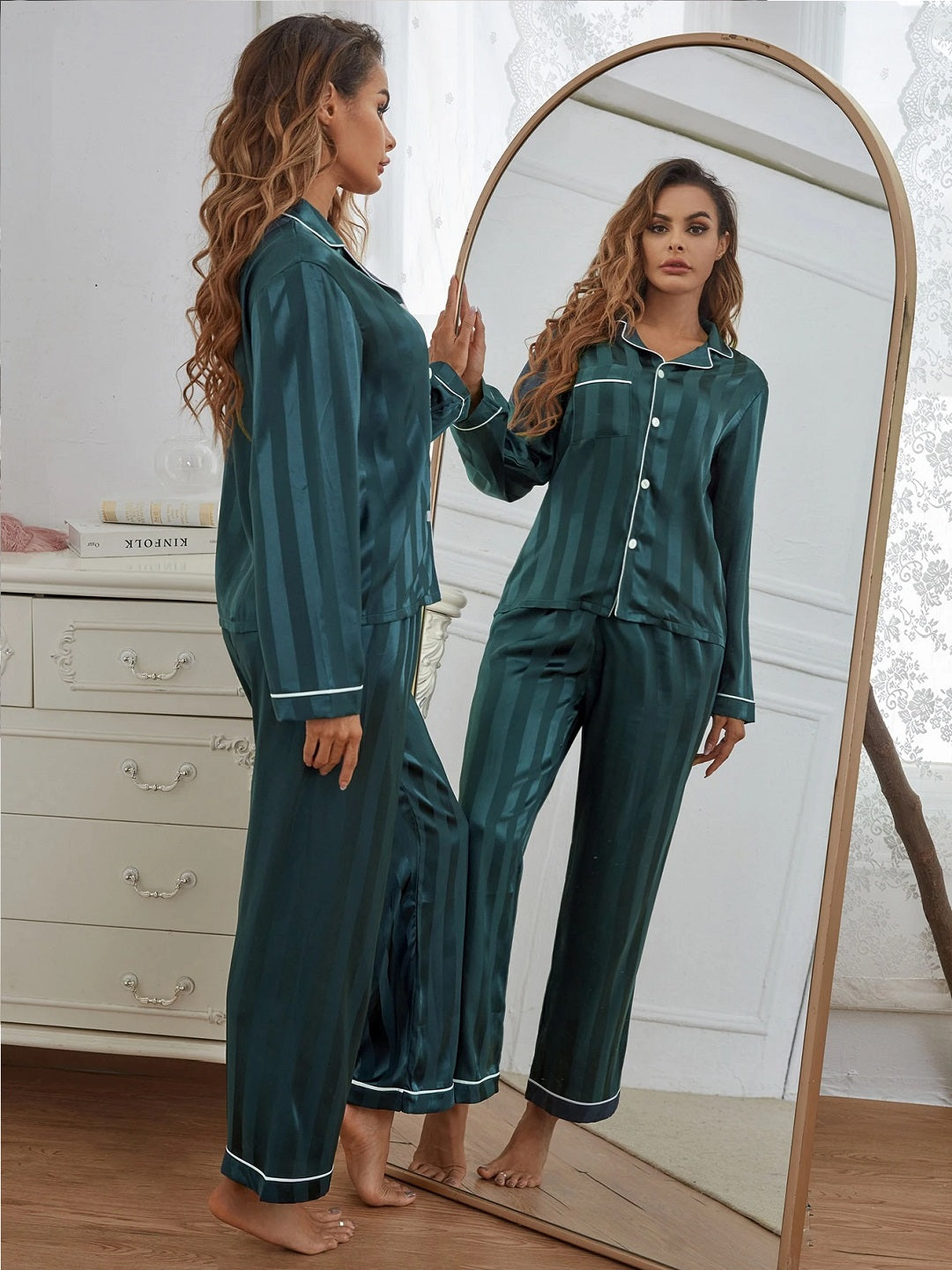 11013-Women Red Satin Finish Shirt & Pyjama Night Suit Set