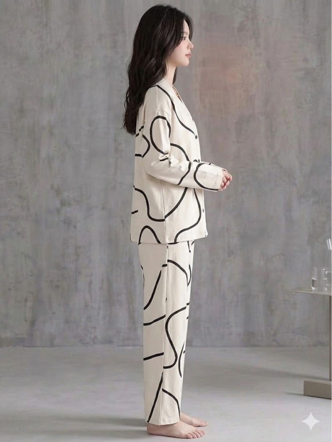 11034-Women Abstract Printed Shirt Collar Night Suit Set