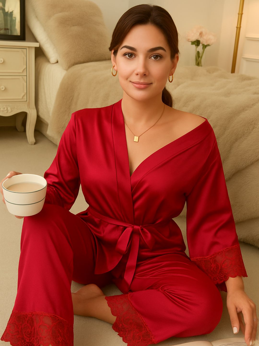 11002-Maroon Satin Nightwear Set with Lace Trim | Luxury Sleepwear For Women