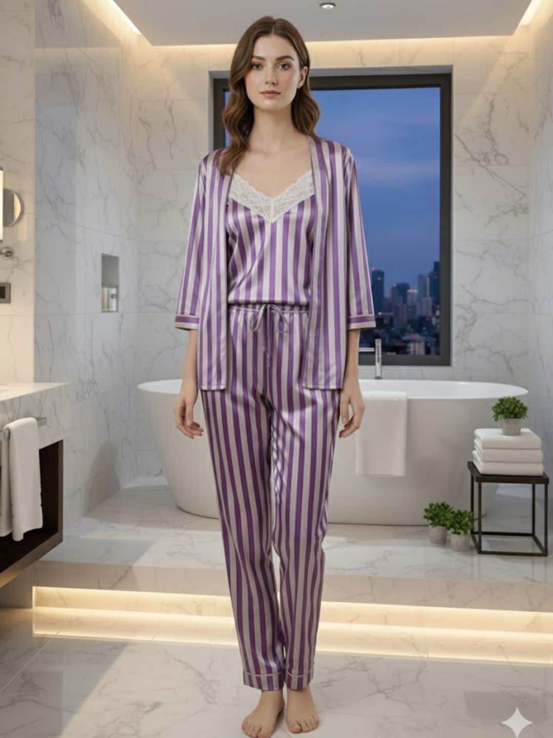 11011-PINK Women’s Satin 3 Piece Nightwear Set – Striped Camisole, Robe & Pyjama