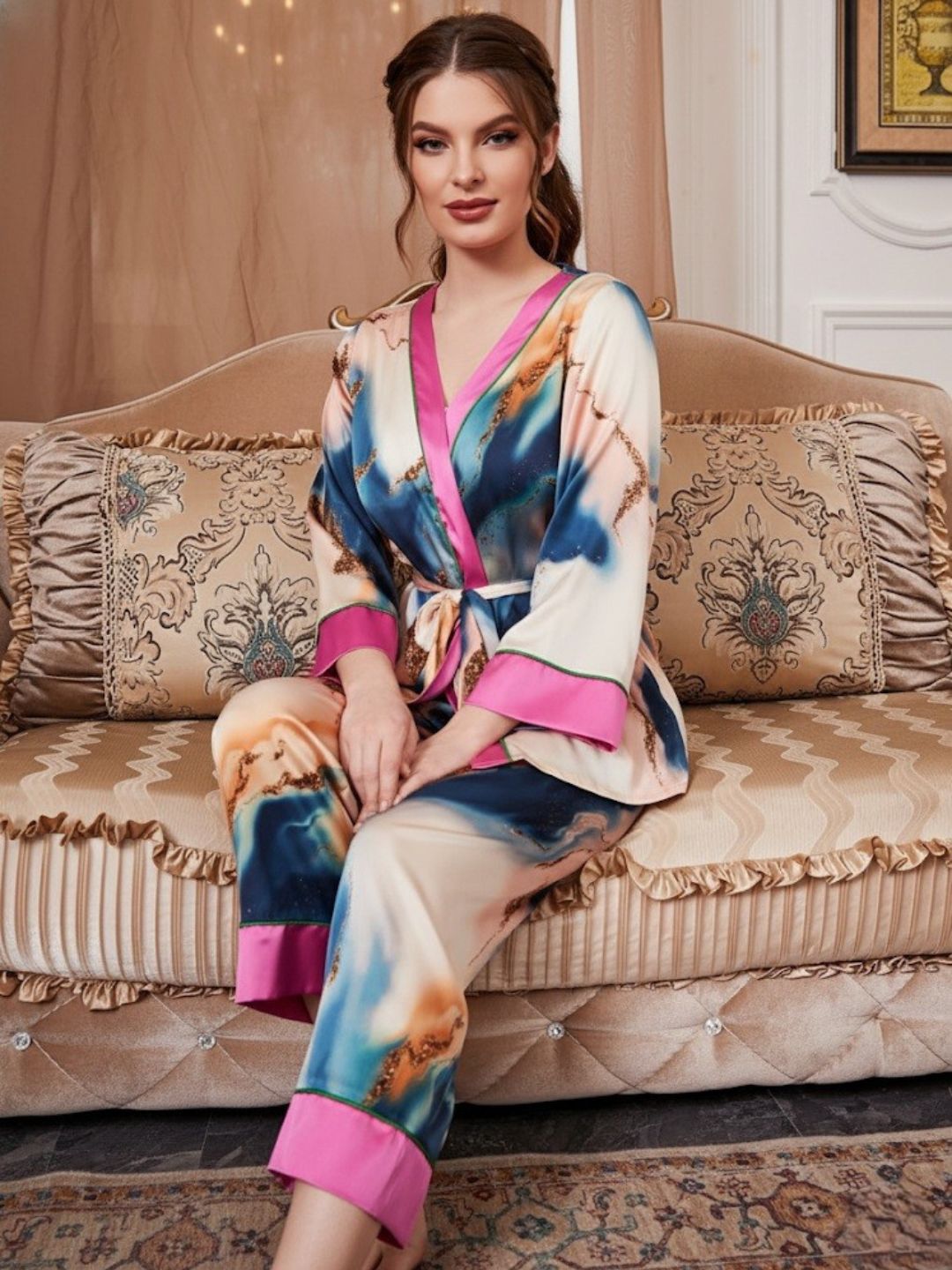 11009-Women’s Satin Floral Pajama Set with Matching Robe – Luxury Sleepwear Loungewear Set