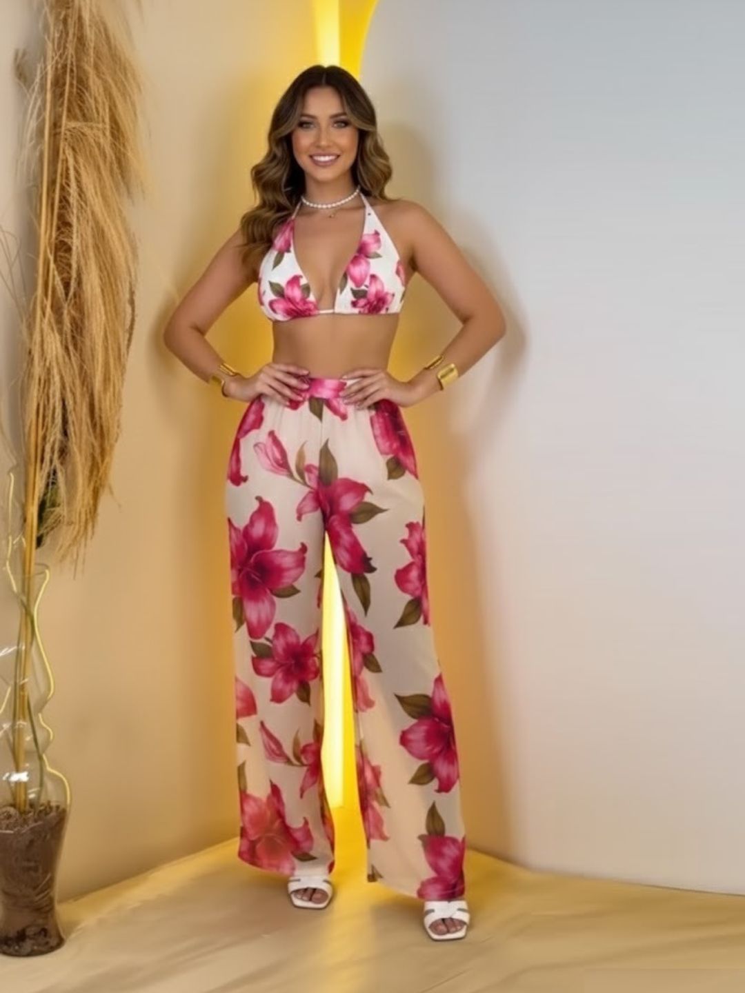 11044-Women Floral Printed Satin Co-Ord Set with Halter Neck Crop Top & Straight Fit Pants