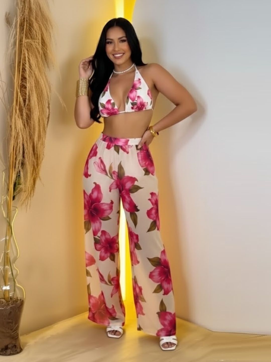11044-Women Floral Printed Satin Co-Ord Set with Halter Neck Crop Top & Straight Fit Pants