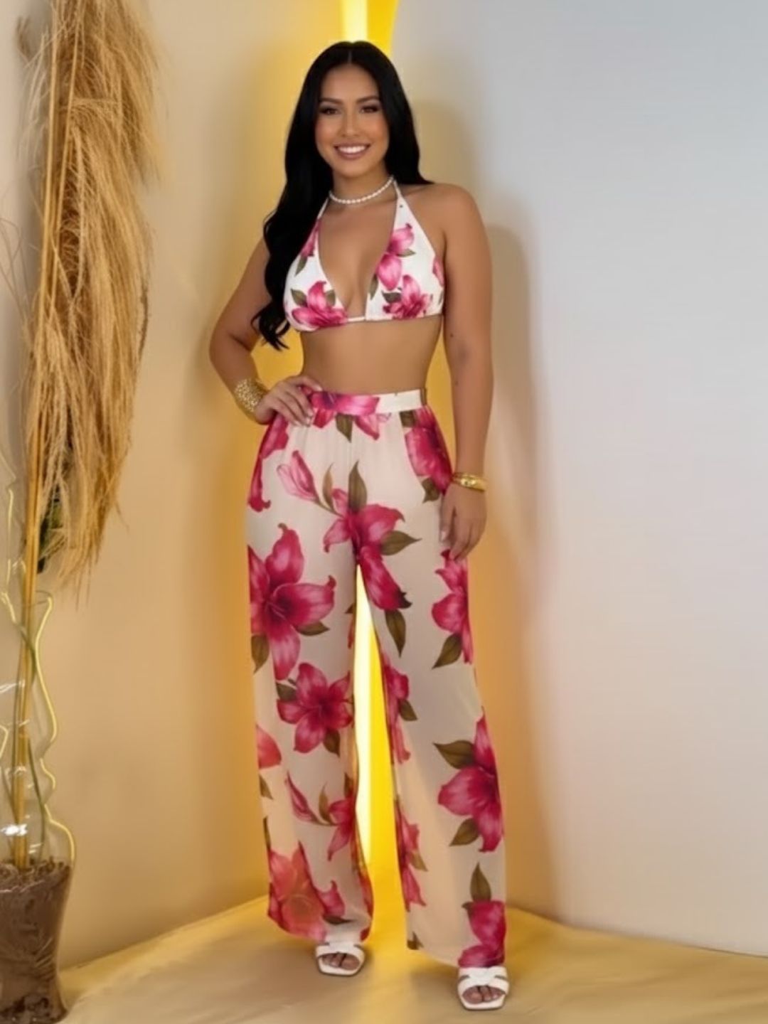 11044-Women Floral Printed Satin Co-Ord Set with Halter Neck Crop Top & Straight Fit Pants