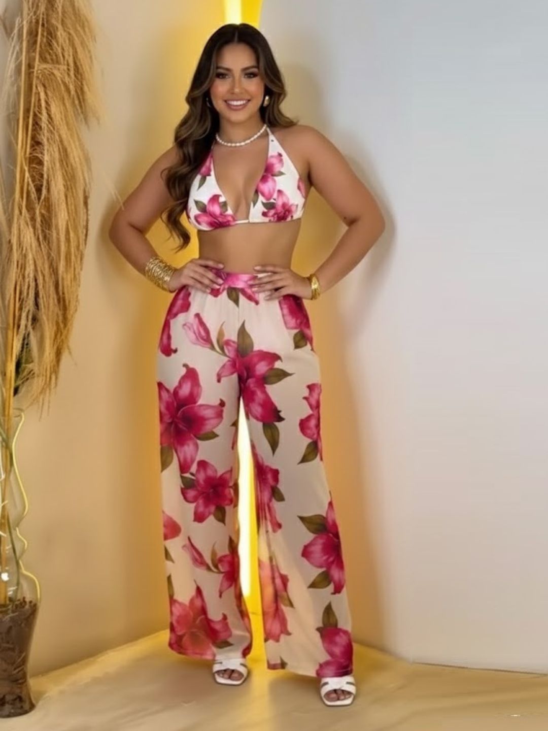 11044-Women Floral Printed Satin Co-Ord Set with Halter Neck Crop Top & Straight Fit Pants