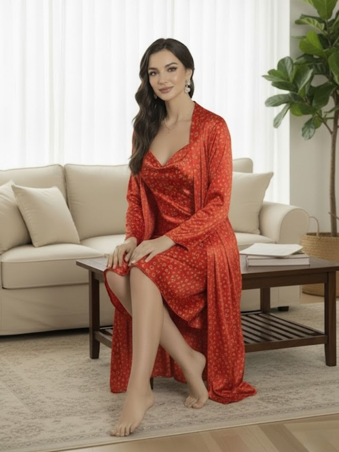 11008-Sky Floral Satin Nightwear Set with Long Robe and Cowl Neck Slip Dress for Women