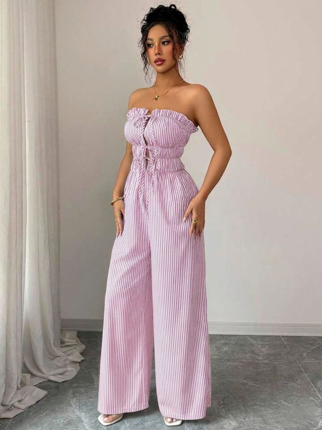 11038 - Women pink & White Striped Cotton Night Suit