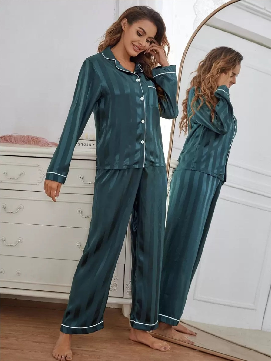 11013-Women Satin Finish Shirt & Pyjama Night Suit Set